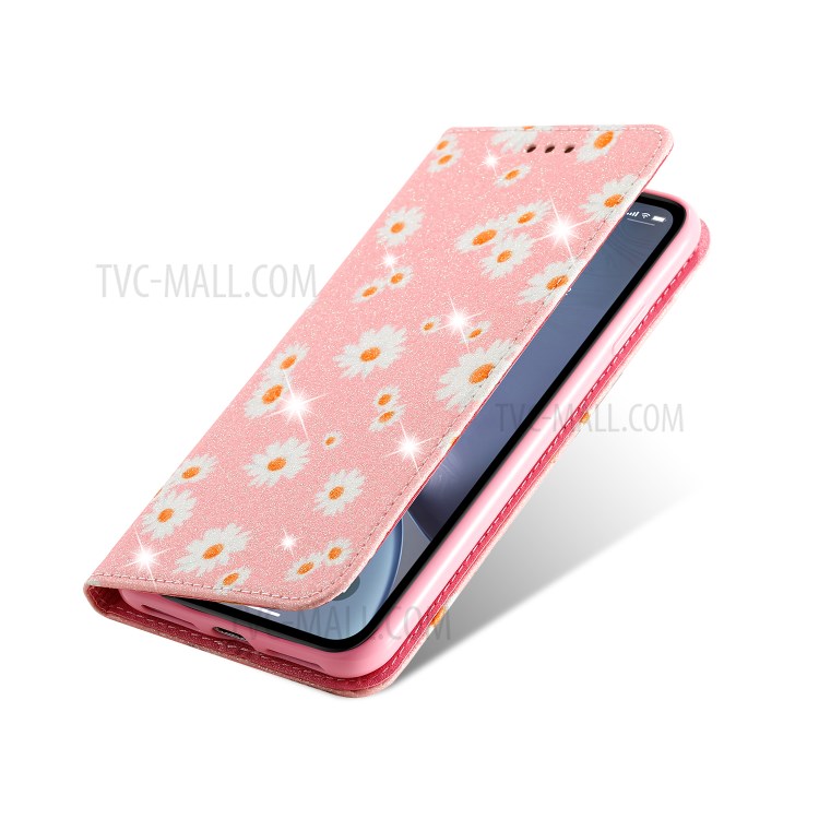 Daisy Pattern Flash Powder PU Leather Card Holder Shell for iPhone XS Max 6.5 inch - Pink-6