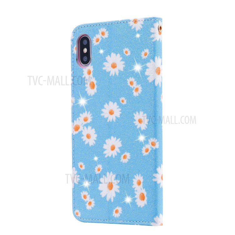 Daisy Pattern Flash Powder PU Leather Card Holder Shell for iPhone XS Max 6.5 inch - Blue-4