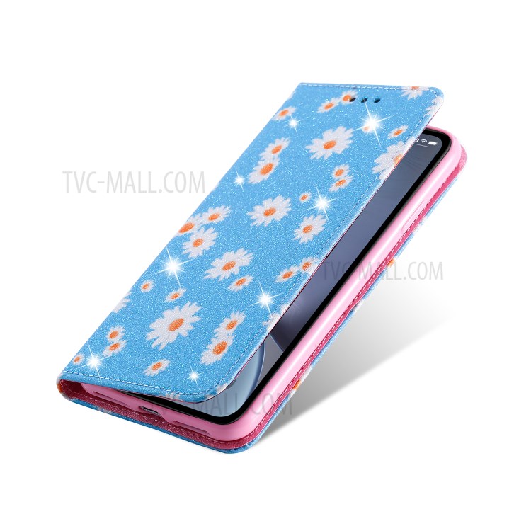 Daisy Pattern Flash Powder PU Leather Card Holder Shell for iPhone XS Max 6.5 inch - Blue-6
