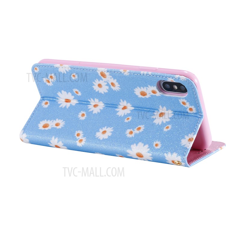 Daisy Pattern Flash Powder PU Leather Card Holder Shell for iPhone XS Max 6.5 inch - Blue-8