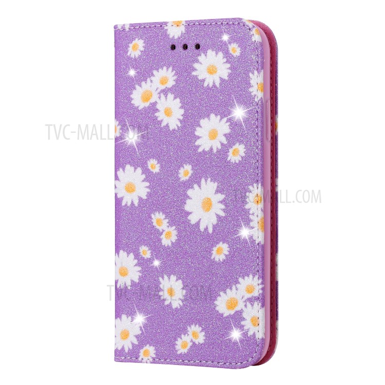 Daisy Pattern Flash Powder Cell Phone Leather Card Holder Case for iPhone 11 6.1 inch - Purple-11