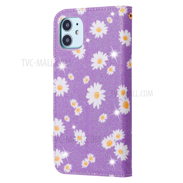 Daisy Pattern Flash Powder Cell Phone Leather Card Holder Case for iPhone 11 6.1 inch - Purple-12