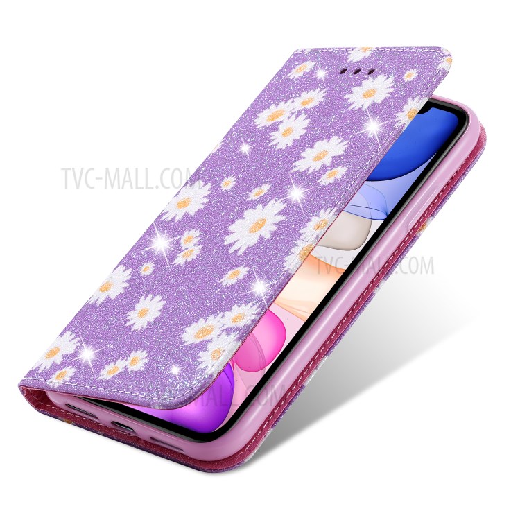 Daisy Pattern Flash Powder Cell Phone Leather Card Holder Case for iPhone 11 6.1 inch - Purple-14