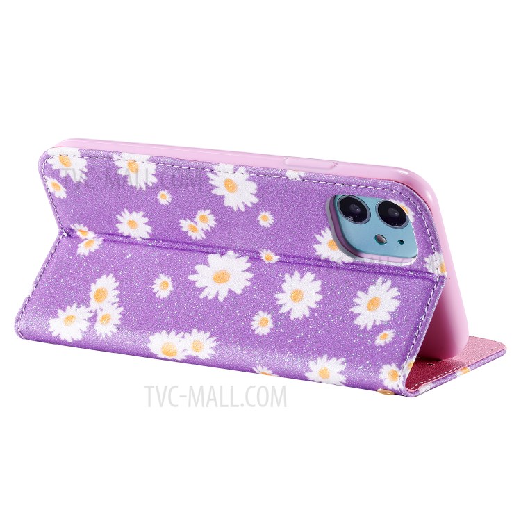 Daisy Pattern Flash Powder Cell Phone Leather Card Holder Case for iPhone 11 6.1 inch - Purple-15