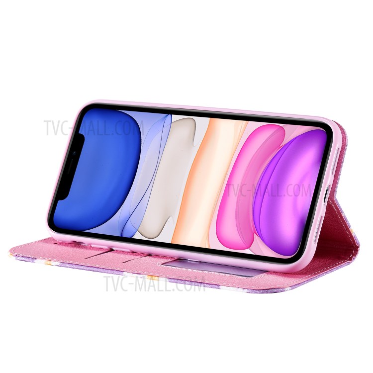 Daisy Pattern Flash Powder Cell Phone Leather Card Holder Case for iPhone 11 6.1 inch - Purple-16