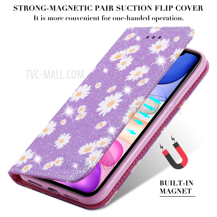 Daisy Pattern Flash Powder Cell Phone Leather Card Holder Case for iPhone 11 6.1 inch - Purple-5