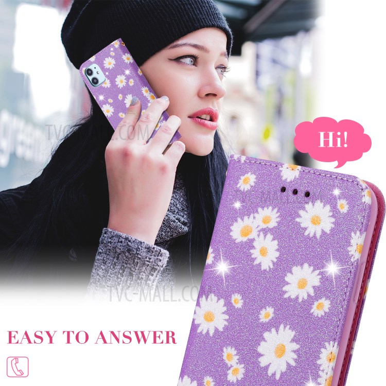 Daisy Pattern Flash Powder Cell Phone Leather Card Holder Case for iPhone 11 6.1 inch - Purple-6