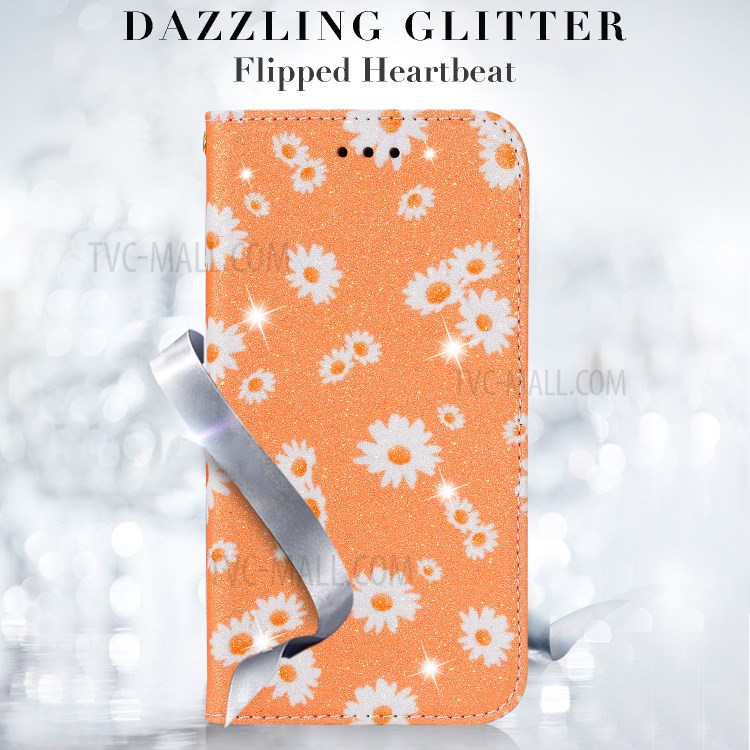 Daisy Pattern Flash Powder Cell Phone Leather Card Holder Case for iPhone 11 6.1 inch - Orange-12