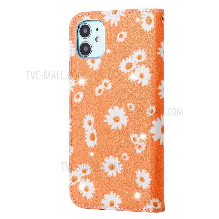 Daisy Pattern Flash Powder Cell Phone Leather Card Holder Case for iPhone 11 6.1 inch - Orange-4