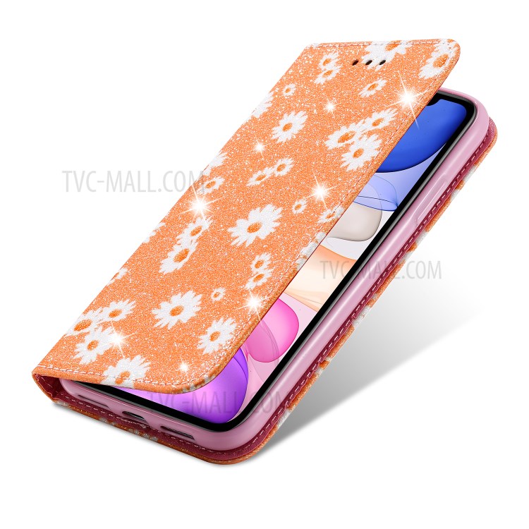 Daisy Pattern Flash Powder Cell Phone Leather Card Holder Case for iPhone 11 6.1 inch - Orange-6