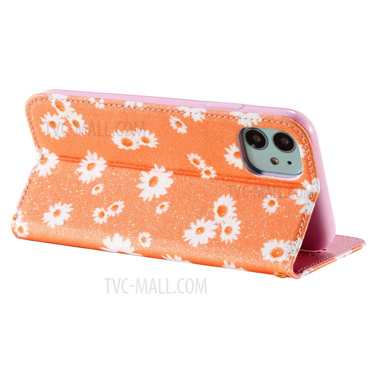 Daisy Pattern Flash Powder Cell Phone Leather Card Holder Case for iPhone 11 6.1 inch - Orange-7