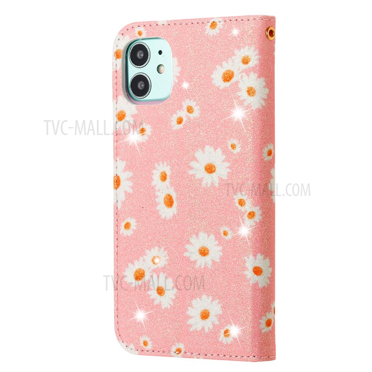 Daisy Pattern Flash Powder Cell Phone Leather Card Holder Case for iPhone 11 6.1 inch - Pink-4