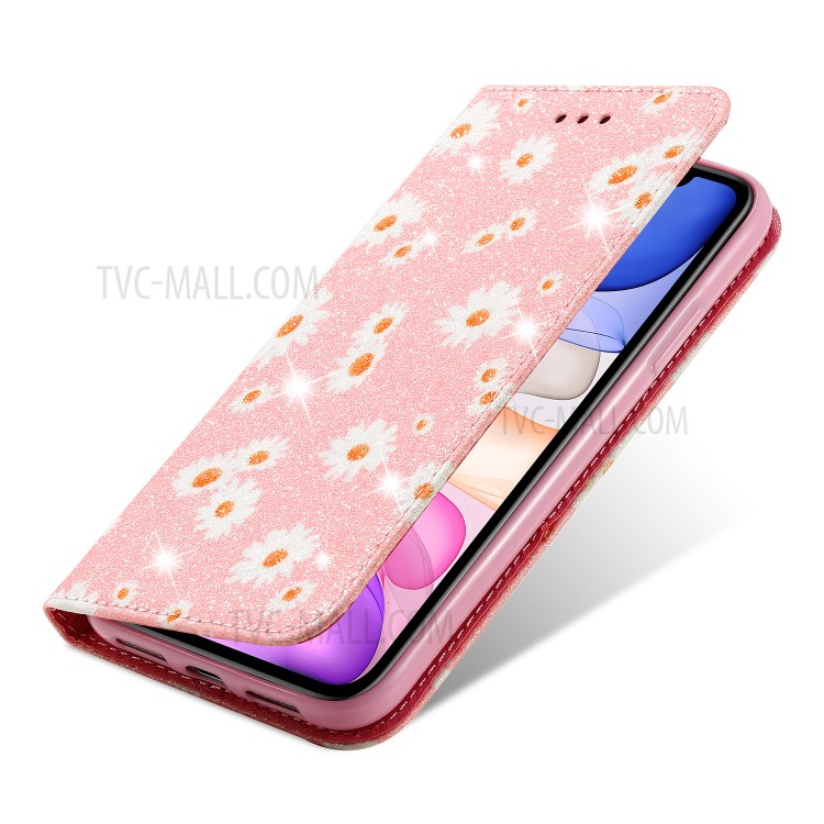 Daisy Pattern Flash Powder Cell Phone Leather Card Holder Case for iPhone 11 6.1 inch - Pink-6