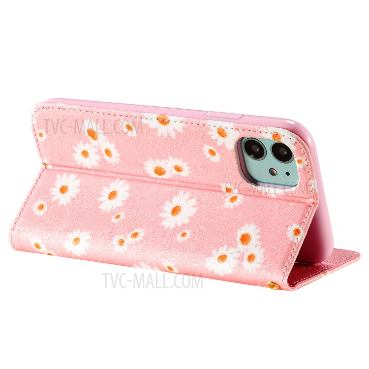 Daisy Pattern Flash Powder Cell Phone Leather Card Holder Case for iPhone 11 6.1 inch - Pink-7