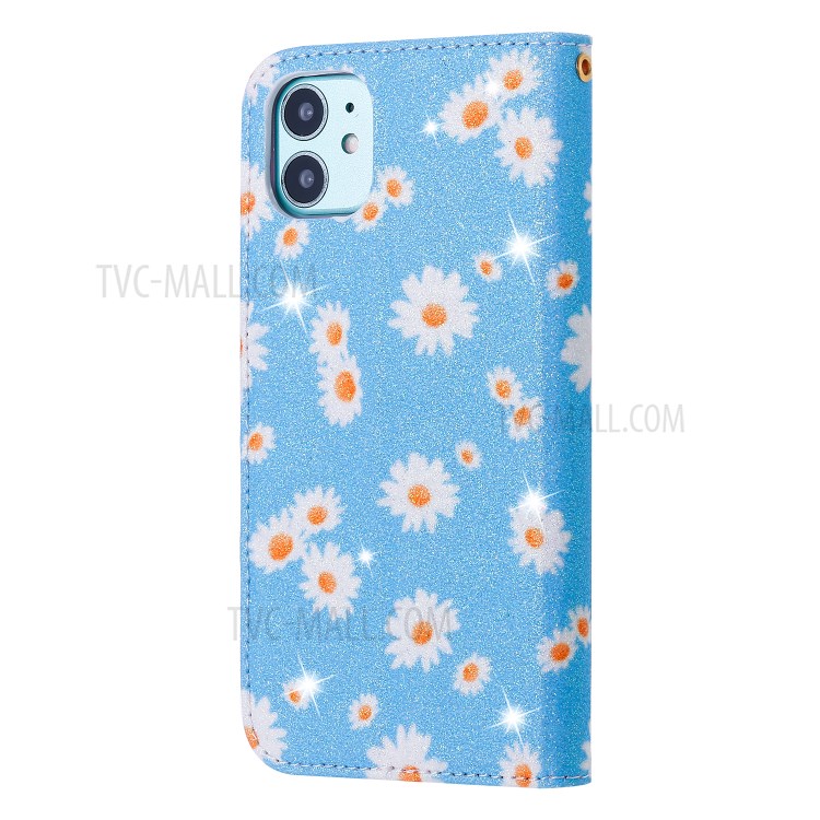 Daisy Pattern Flash Powder Cell Phone Leather Card Holder Case for iPhone 11 6.1 inch - Blue-4
