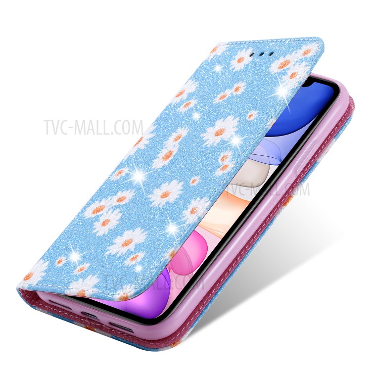 Daisy Pattern Flash Powder Cell Phone Leather Card Holder Case for iPhone 11 6.1 inch - Blue-6