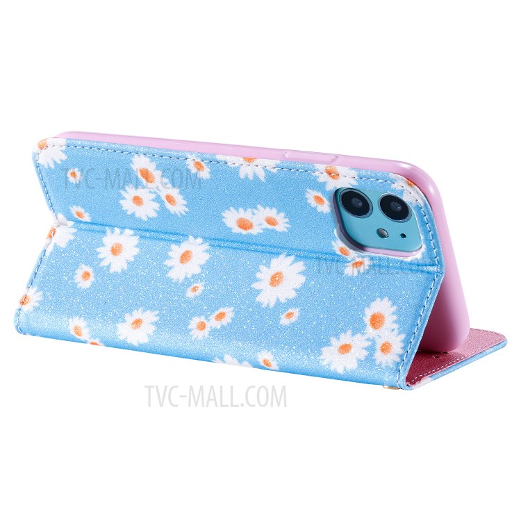 Daisy Pattern Flash Powder Cell Phone Leather Card Holder Case for iPhone 11 6.1 inch - Blue-7
