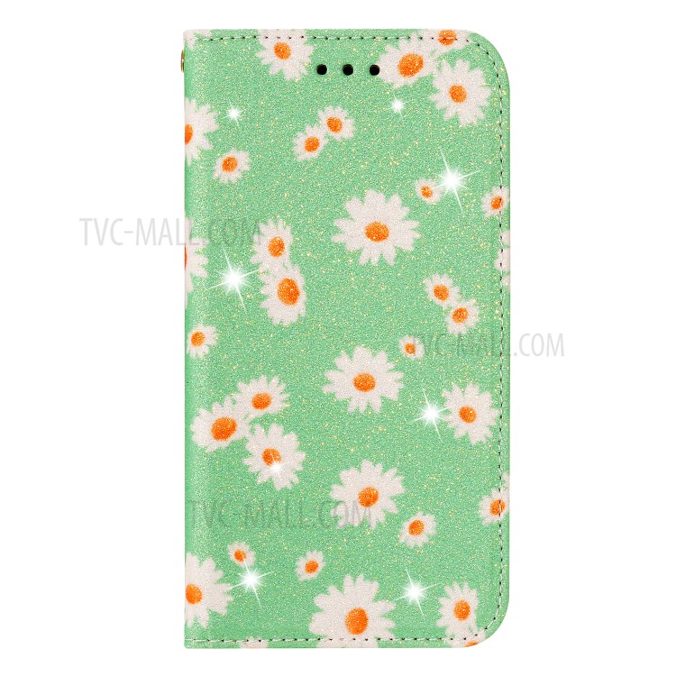 Daisy Pattern Flash Powder Cell Phone Leather Card Holder Case for iPhone 11 6.1 inch - Green-1