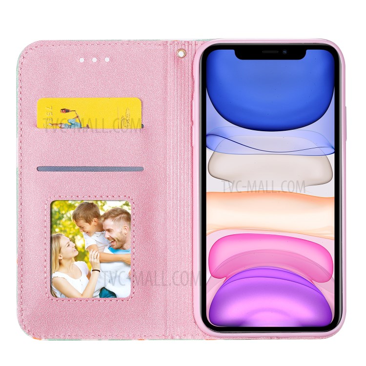 Daisy Pattern Flash Powder Cell Phone Leather Card Holder Case for iPhone 11 6.1 inch - Green-2