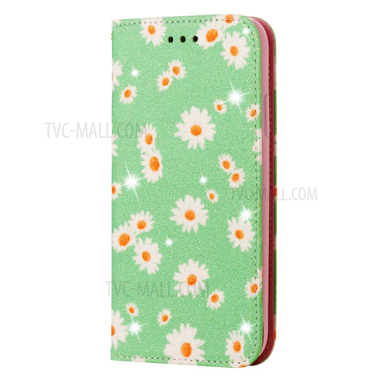Daisy Pattern Flash Powder Cell Phone Leather Card Holder Case for iPhone 11 6.1 inch - Green-3