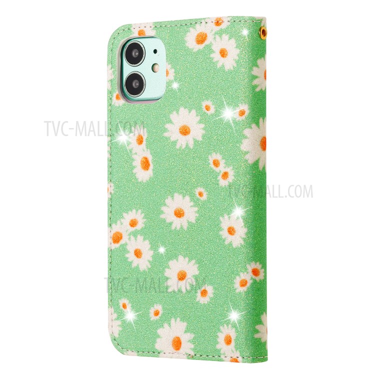 Daisy Pattern Flash Powder Cell Phone Leather Card Holder Case for iPhone 11 6.1 inch - Green-4