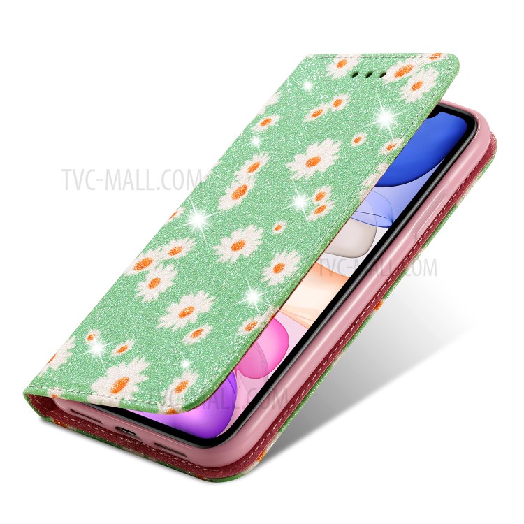 Daisy Pattern Flash Powder Cell Phone Leather Card Holder Case for iPhone 11 6.1 inch - Green-6