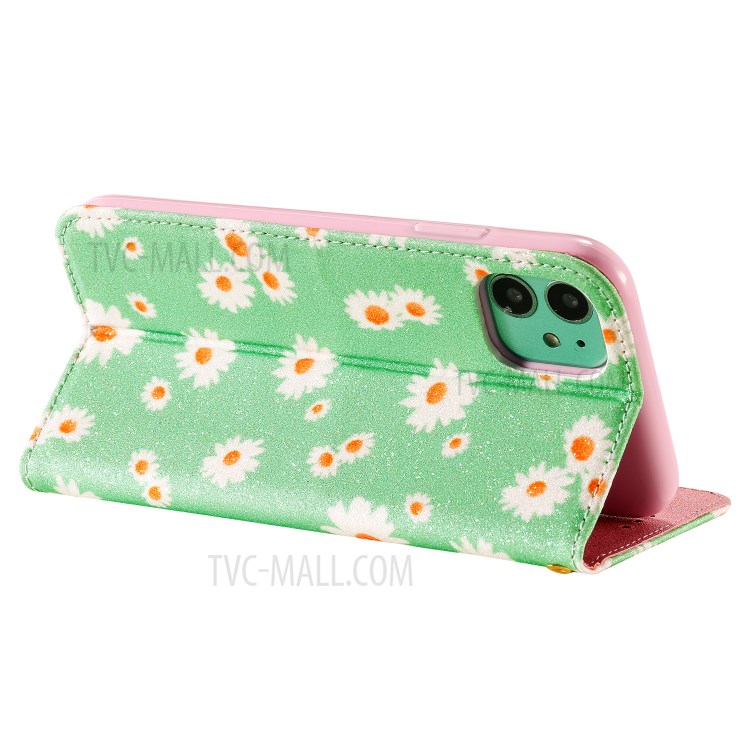 Daisy Pattern Flash Powder Cell Phone Leather Card Holder Case for iPhone 11 6.1 inch - Green-7