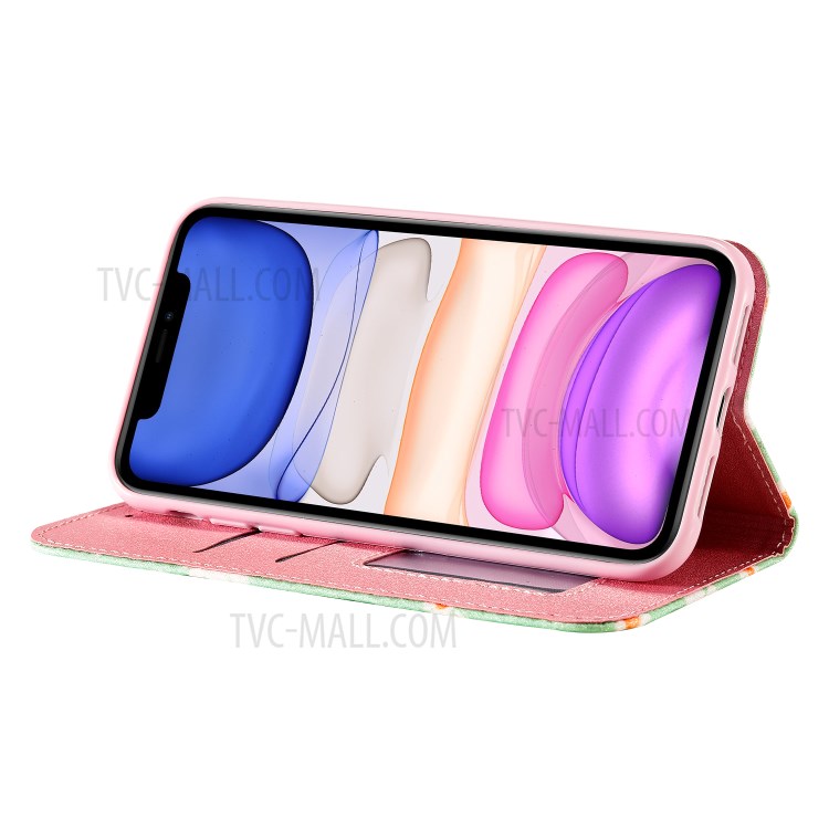 Daisy Pattern Flash Powder Cell Phone Leather Card Holder Case for iPhone 11 6.1 inch - Green-8