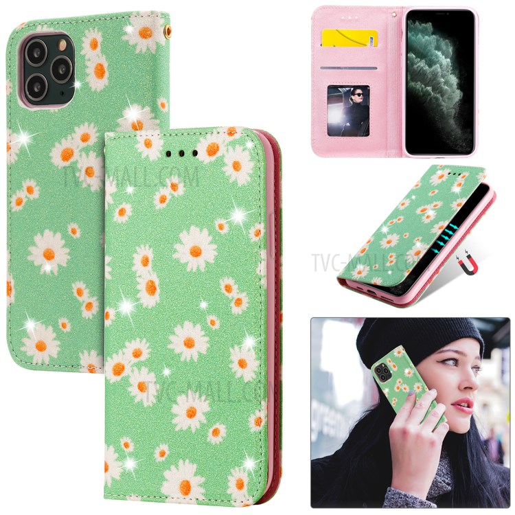 Daisy Pattern Flash Powder PU Leather Card Holder Shell for iPhone 11 Pro 5.8 inch - Green-1