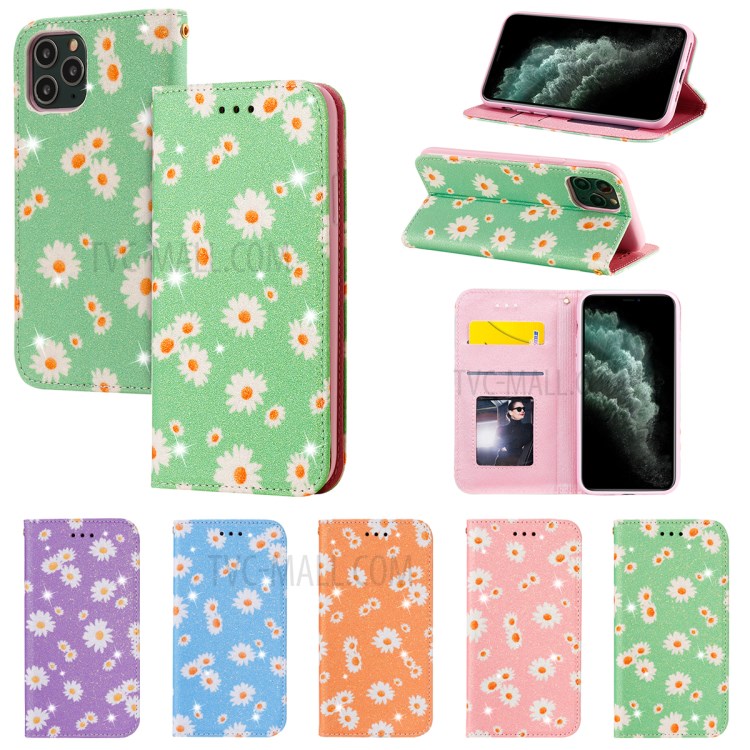 Daisy Pattern Flash Powder PU Leather Card Holder Shell for iPhone 11 Pro 5.8 inch - Green-19