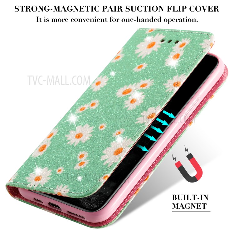 Daisy Pattern Flash Powder PU Leather Card Holder Shell for iPhone 11 Pro 5.8 inch - Green-4