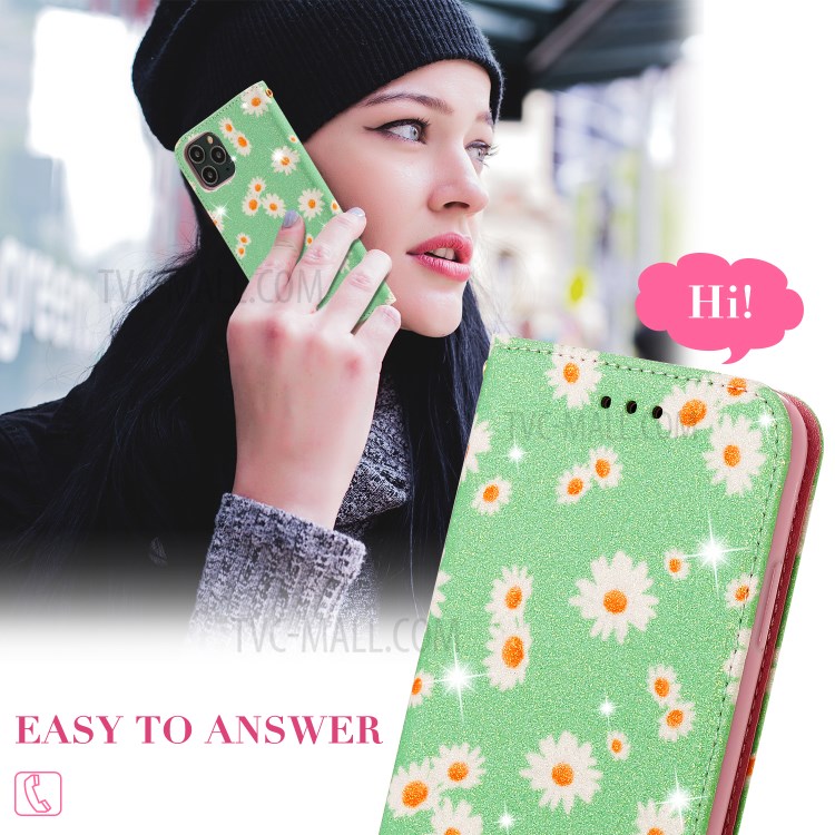 Daisy Pattern Flash Powder PU Leather Card Holder Shell for iPhone 11 Pro 5.8 inch - Green-5