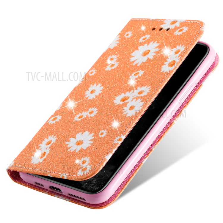 Daisy Pattern Flash Powder PU Leather Card Holder Shell for iPhone 11 Pro 5.8 inch - Orange-6