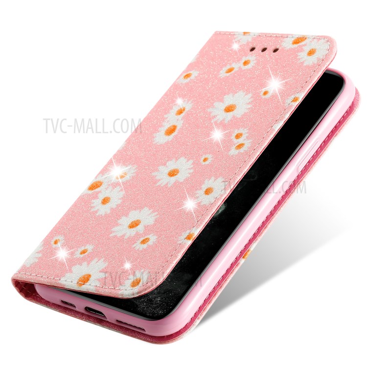 Daisy Pattern Flash Powder PU Leather Card Holder Shell for iPhone 11 Pro 5.8 inch - Pink-6