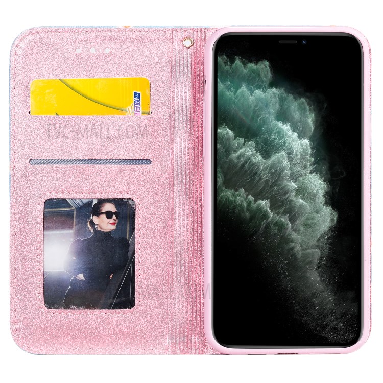 Daisy Pattern Flash Powder PU Leather Card Holder Shell for iPhone 11 Pro 5.8 inch - Blue-4