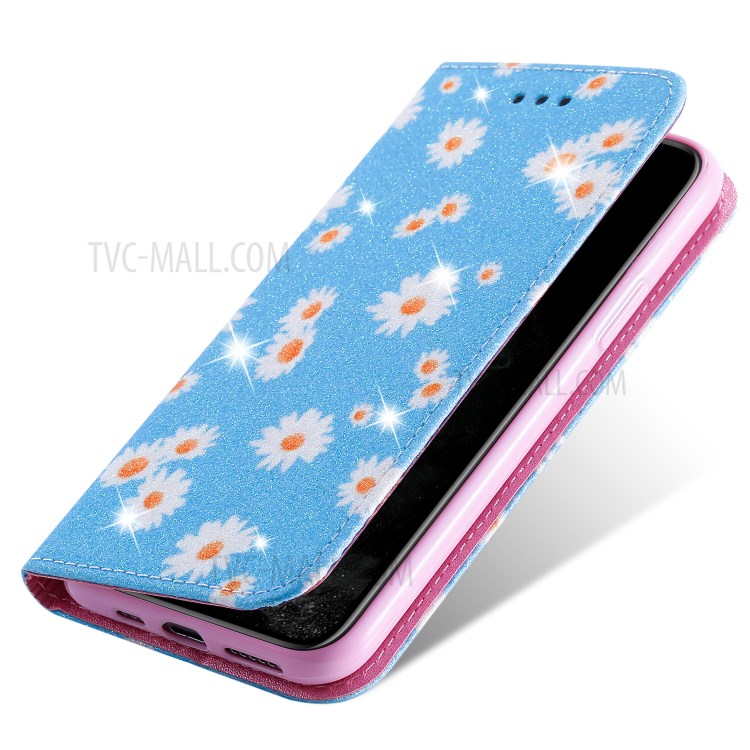 Daisy Pattern Flash Powder PU Leather Card Holder Shell for iPhone 11 Pro 5.8 inch - Blue-6