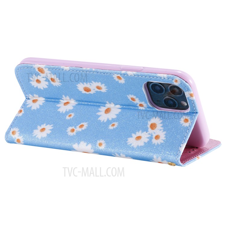 Daisy Pattern Flash Powder PU Leather Card Holder Shell for iPhone 11 Pro 5.8 inch - Blue-8