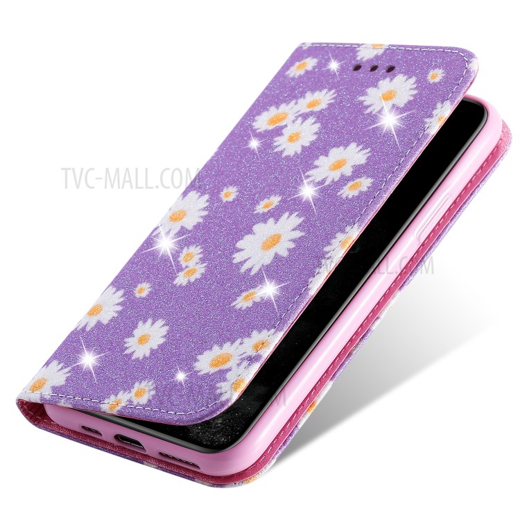 Daisy Pattern Flash Powder PU Leather Card Holder Shell for iPhone 11 Pro 5.8 inch - Purple-6
