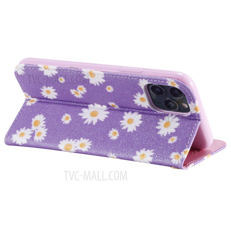 Daisy Pattern Flash Powder PU Leather Card Holder Shell for iPhone 11 Pro 5.8 inch - Purple-8