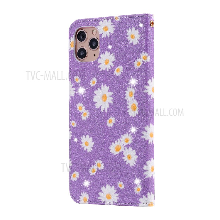 Daisy Pattern Flash Powder Stand Leather Card Holder Shell for iPhone 11 Pro Max 6.5 inch - Purple-10