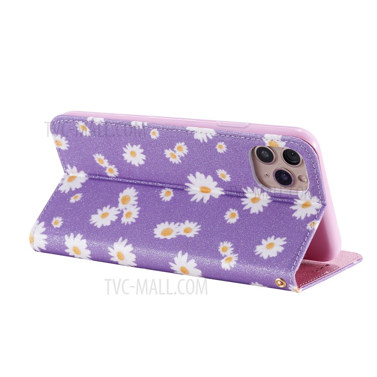 Daisy Pattern Flash Powder Stand Leather Card Holder Shell for iPhone 11 Pro Max 6.5 inch - Purple-14