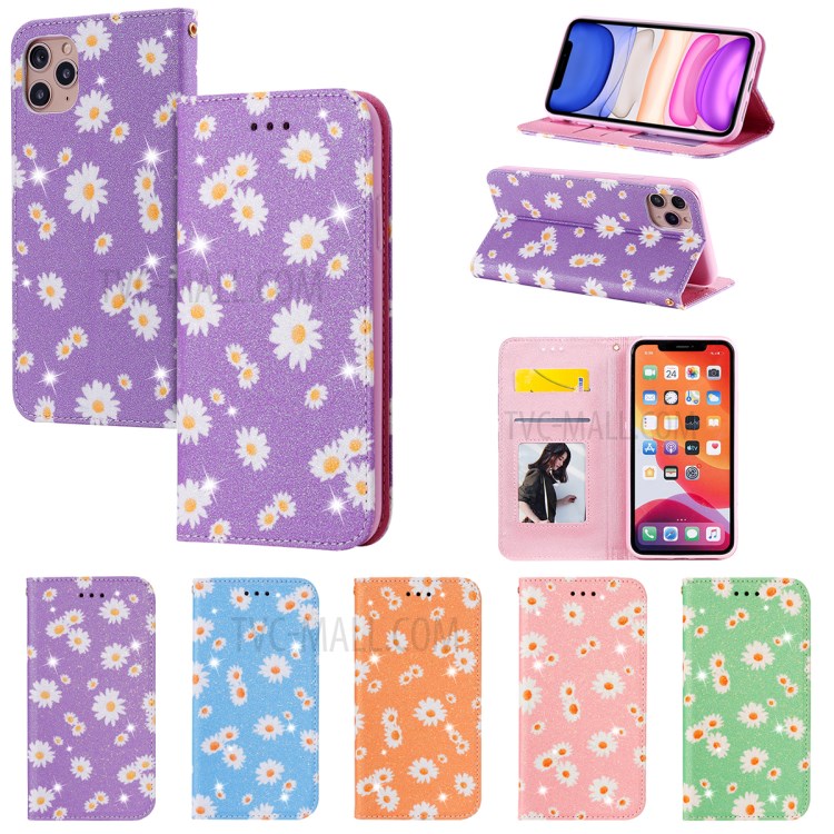 Daisy Pattern Flash Powder Stand Leather Card Holder Shell for iPhone 11 Pro Max 6.5 inch - Purple-19