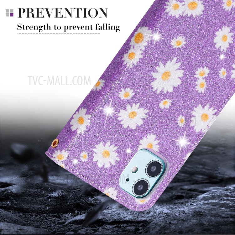 Daisy Pattern Flash Powder Stand Leather Card Holder Shell for iPhone 11 Pro Max 6.5 inch - Purple-6