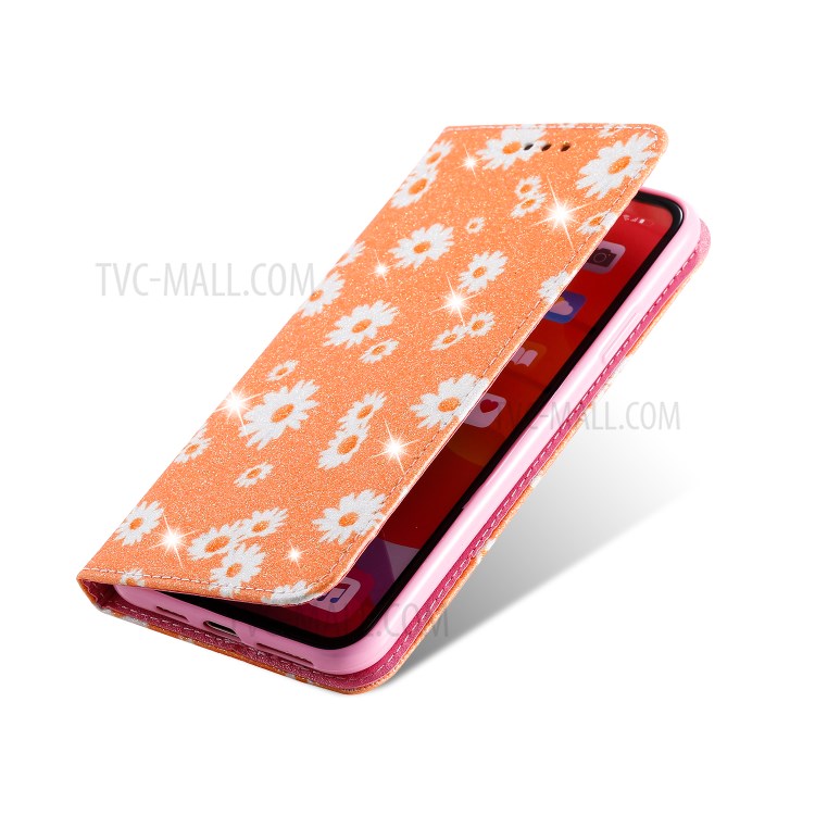 Daisy Pattern Flash Powder Stand Leather Card Holder Shell for iPhone 11 Pro Max 6.5 inch - Orange-5