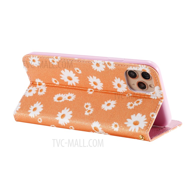 Daisy Pattern Flash Powder Stand Leather Card Holder Shell for iPhone 11 Pro Max 6.5 inch - Orange-6