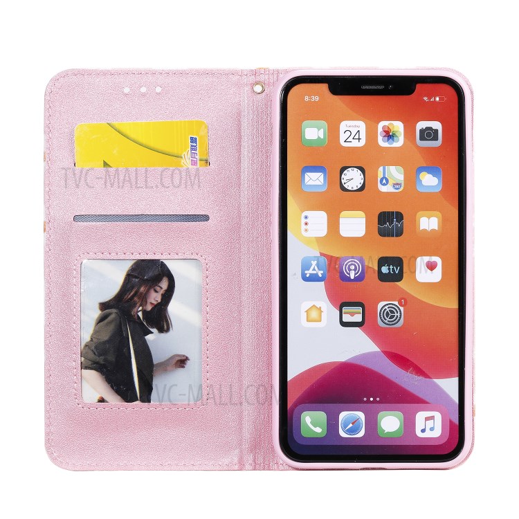 Daisy Pattern Flash Powder Stand Leather Card Holder Shell for iPhone 11 Pro Max 6.5 inch - Pink-2