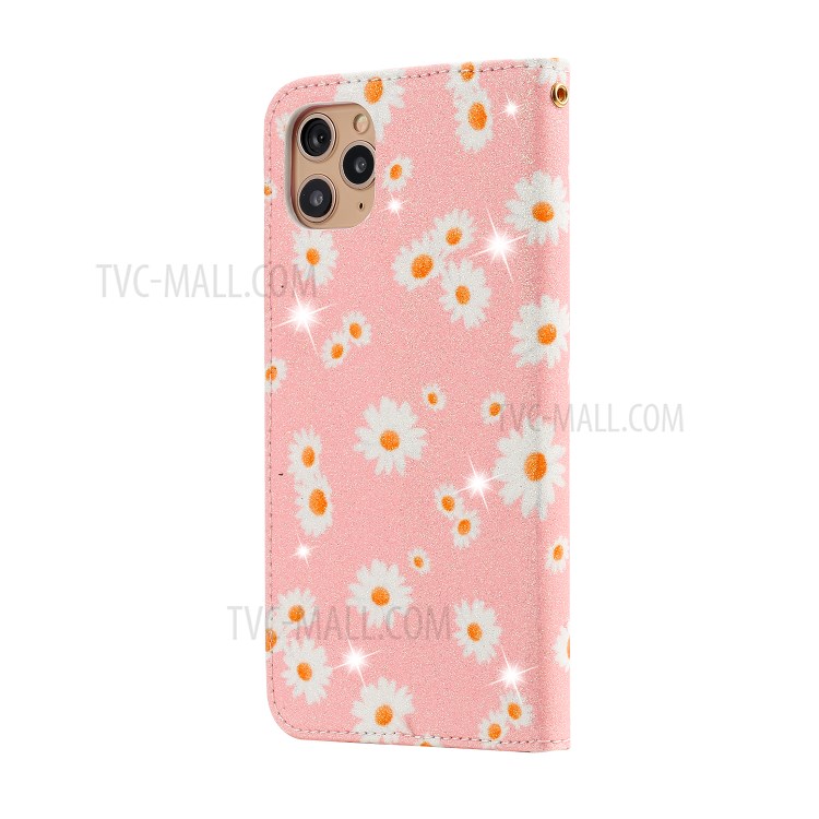 Daisy Pattern Flash Powder Stand Leather Card Holder Shell for iPhone 11 Pro Max 6.5 inch - Pink-4