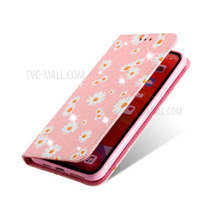 Daisy Pattern Flash Powder Stand Leather Card Holder Shell for iPhone 11 Pro Max 6.5 inch - Pink-5