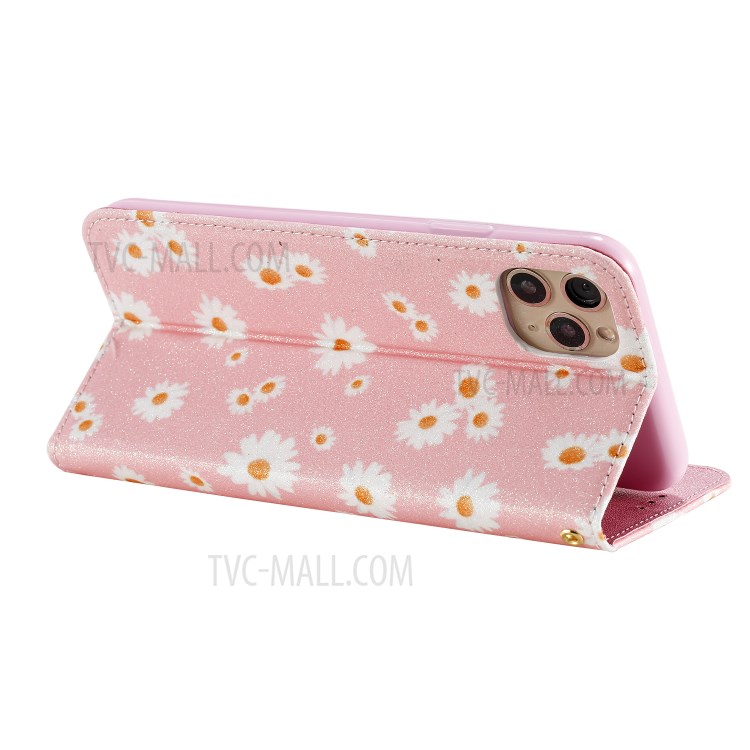 Daisy Pattern Flash Powder Stand Leather Card Holder Shell for iPhone 11 Pro Max 6.5 inch - Pink-8