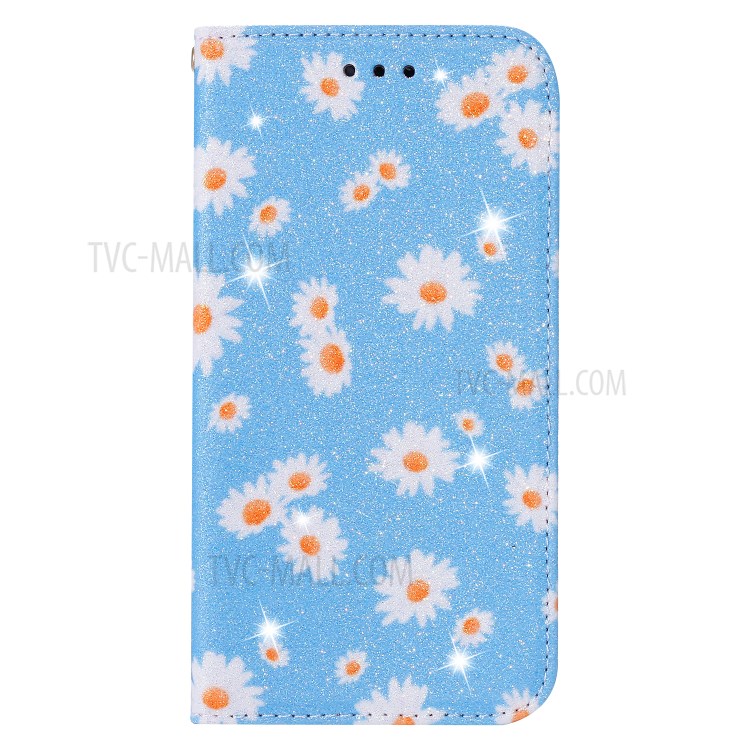 Daisy Pattern Flash Powder Stand Leather Card Holder Shell for iPhone 11 Pro Max 6.5 inch - Blue-1